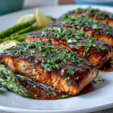 Garlic Butter Salmon with Asparagus: a golden, flaky salmon fillet roasted alongside tender asparagus spears, drizzled with rich garlic butter sauce and garnished with fresh lemon slices.