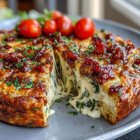 Savory one-pan ham and cheese frittata loaded with melted cheddar, diced ham, and fresh vegetables.