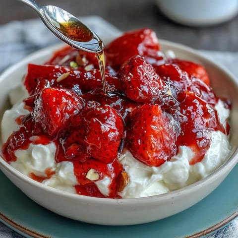 Creamy Greek yogurt bowl topped with vibrant fresh strawberry compote and crunchy nuts. A refreshing breakfast or dessert with honey drizzle.