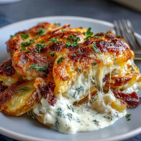 Creamy Au Gratin Potatoes: golden, bubbly casserole of layered potatoes baked in rich cream sauce with Gruyère cheese.
