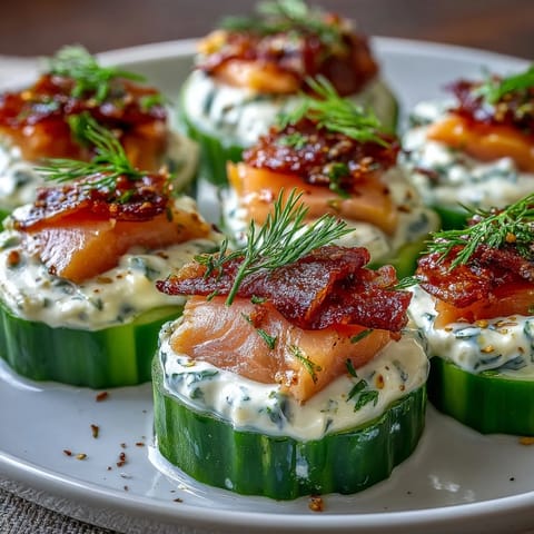 Elegant cucumber rounds spread with zesty lemon-dill cream cheese and smoked salmon, perfect for summer parties.