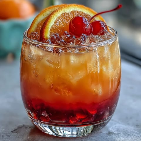 Vibrant ombre sunrise mocktail with grenadine, orange, and pineapple juices in tall glasses, garnished with orange slices and cherries.
