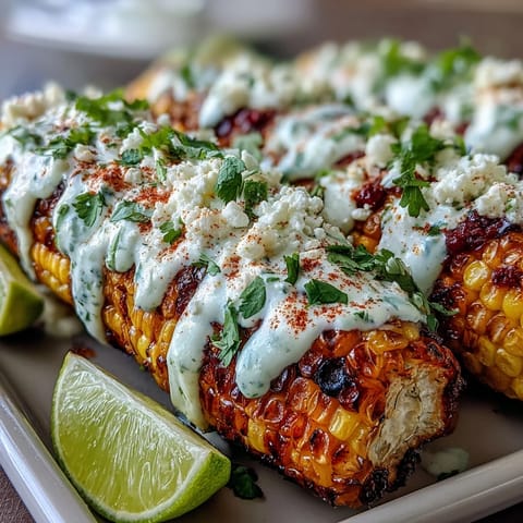 Smoky grilled corn topped with tangy Mexican crema, Cotija cheese, and fresh cilantro.
