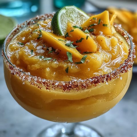 Vibrant frozen mango margarita mocktail in a salt-rimmed glass with lime wedge, perfect for summer parties.  