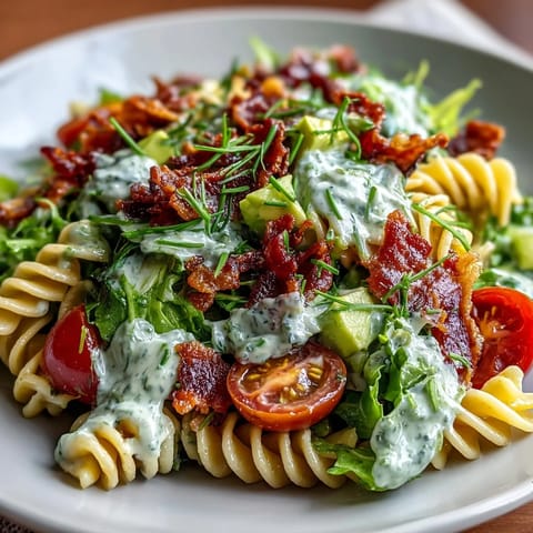 Creamy avocado ranch BLT pasta salad with crispy bacon, fresh lettuce, and juicy tomatoes—ideal for summer cookouts.  