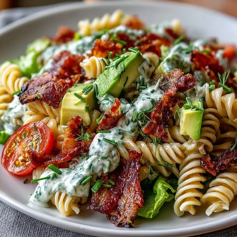 Colorful BLT pasta with avocado ranch dressing, loaded with bacon, cherry tomatoes, and crunchy romaine lettuce.  