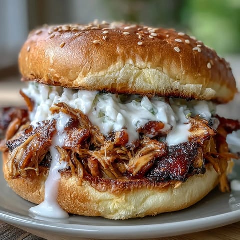 Smoked pulled chicken piled high on soft buns with tangy Alabama-style white BBQ sauce and crisp coleslaw. Juicy, tender chicken smoked low and slow, shredded and tossed in creamy, zesty white sauce. Smoky pulled chicken sandwiches with creamy white BBQ sauce, served on toasted buns for a Southern-inspired flavor explosion.