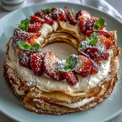 Mother's Day Crêpe Cake with Strawberry Mascarpone, featuring delicate layers of golden crêpes and luscious strawberry cream filling, garnished with fresh strawberries and mint.
