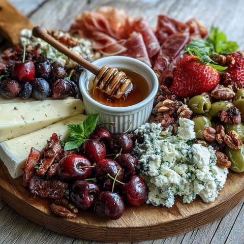 Vibrant Summer Charcuterie Board with fresh fruit and honey elegantly arranged for delightful summer gatherings.