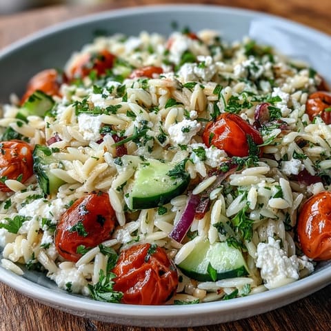 Summer Orzo Salad with Feta and Lemon, bright lemon dressing, vibrant vegetables, and crumbly feta.
