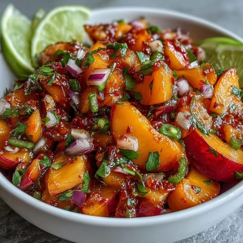 Fresh peach jalapeño salsa glistening, bursting with summer flavors for your meal.