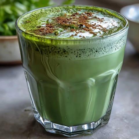 Frothy, homemade matcha oat milk latte, perfect for a quick, refreshing vegan pick-me-up.