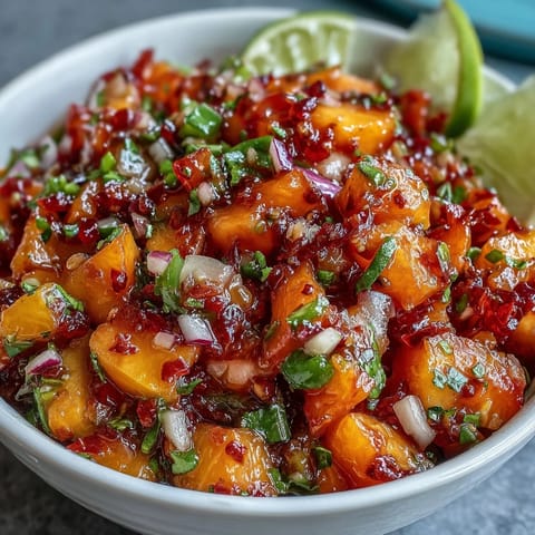 Vibrant peach jalapeño salsa, a sweet and spicy topping for grilled fish.