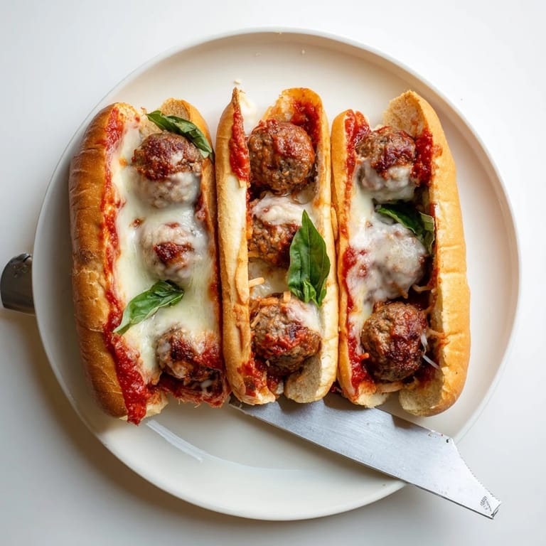Melted provolone drapes over tender meatballs nestled in a toasted sub roll beside a bowl of marinara.