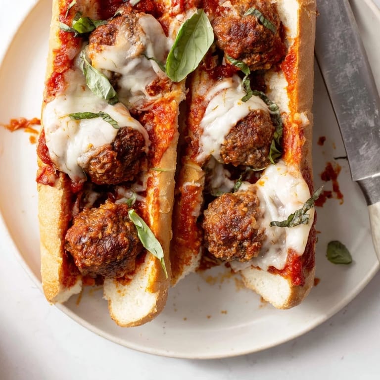 Toasted hoagie rolls stuffed with saucy meatballs and provolone, ready to serve for a satisfying family dinner.