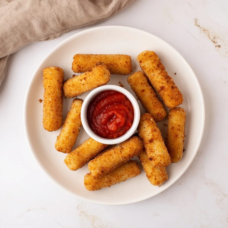 Perfectly fried Mozzarella Sticks with golden breadcrumbs and melted cheese pull, served hot alongside a rich red marinara dipping sauce.