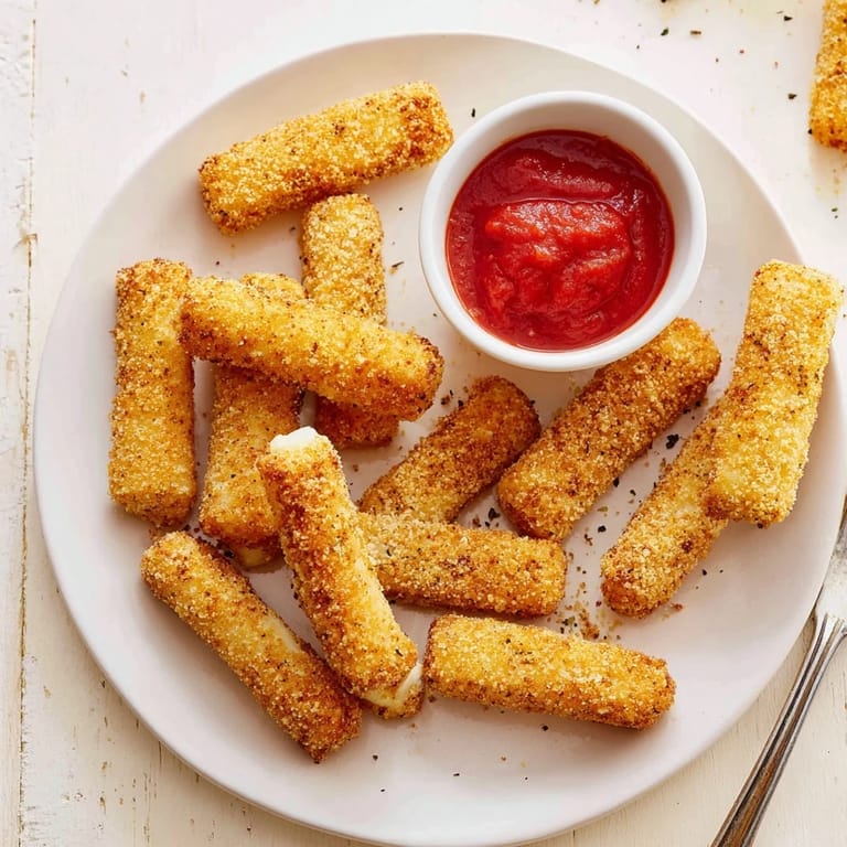 Homemade Mozzarella Sticks arranged on a plate with marinara sauce, showing a crispy coating ready to be dipped and enjoyed.