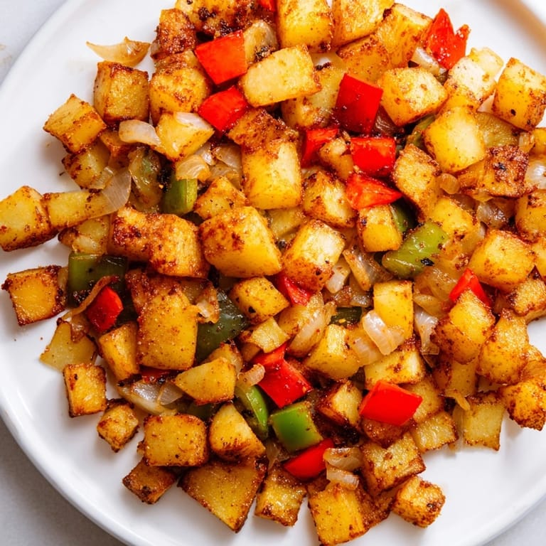 Hearty vegetarian Home Fries, a classic American diner-style side dish ready to serve hot for breakfast.