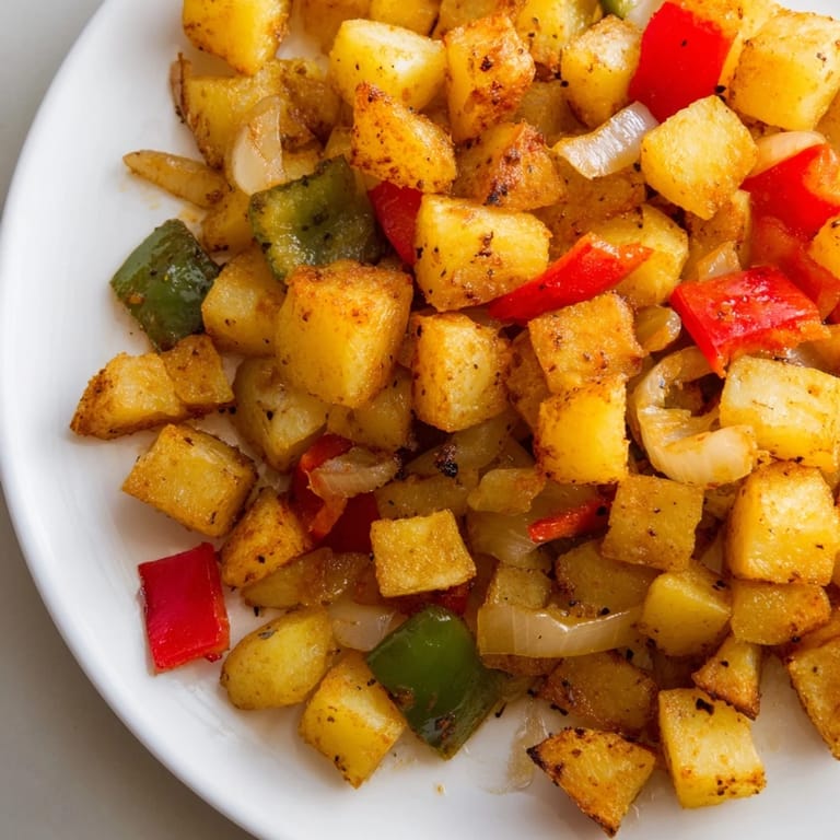 A close-up of crispy diced russet potato Home Fries, perfect alongside sunny-side-up eggs and toast.