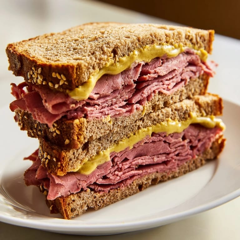 Close-up of a Pastrami on Rye, showcasing tender, thinly sliced pastrami stacked between two slices of rye bread.