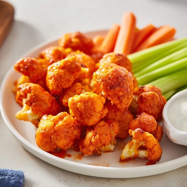 Freshly baked Buffalo Cauliflower Wings arranged on a platter with carrot sticks and blue cheese dressing.