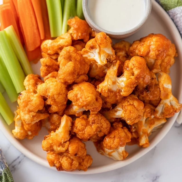 Crispy Buffalo Cauliflower Wings glistening with spicy sauce, paired with crunchy veggies for an appetizer spread.