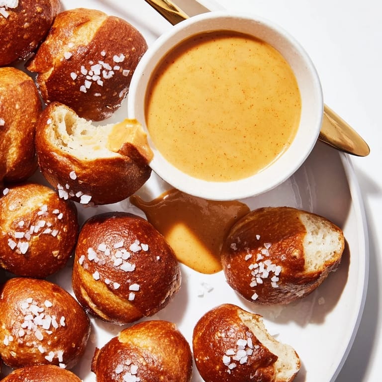 Party platter of Pretzel Bites with Cheese Dip, featuring soft dough and a velvety, spicy cheese dip for snacking.