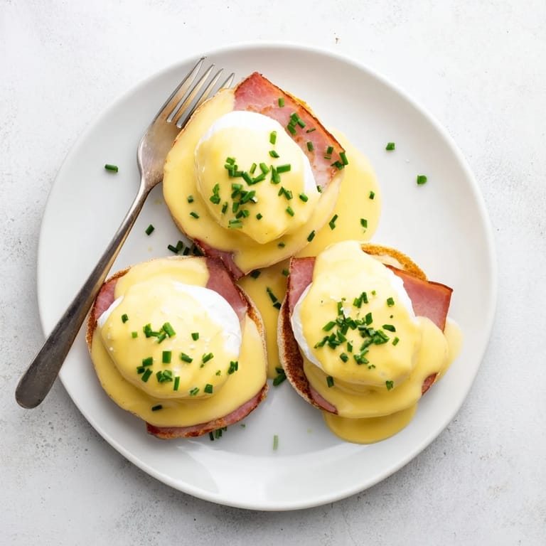 Poached Eggs Benedict with runny yolks on buttery English muffins and savory Canadian bacon.