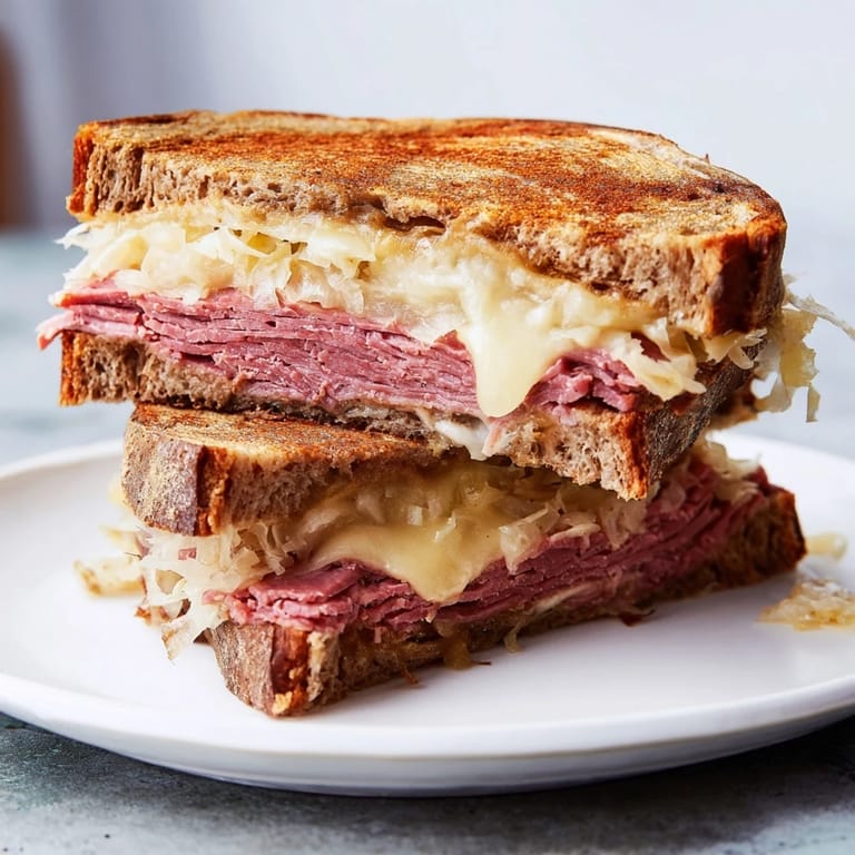 Close-up of a hot Reuben Sandwich with bubbling Swiss cheese and buttery grilled rye bread on a plate.