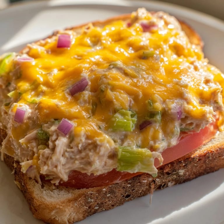Close-up of a hot Tuna Melt with gooey melted cheese and juicy tomato slice, ready to eat for a quick lunch or dinner.
