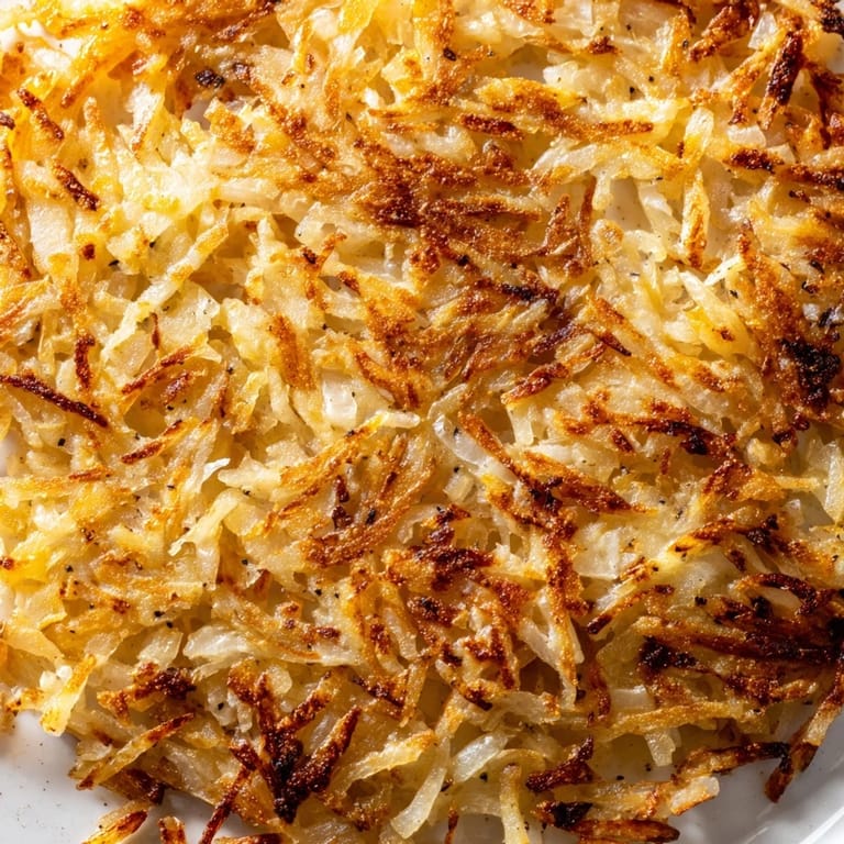 A close-up of crispy Hash Browns topped with fresh chives, served alongside sunny-side-up eggs and bacon.