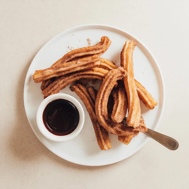 Freshly fried churros with a crispy exterior and soft interior, drizzled with warm chocolate sauce for dipping.