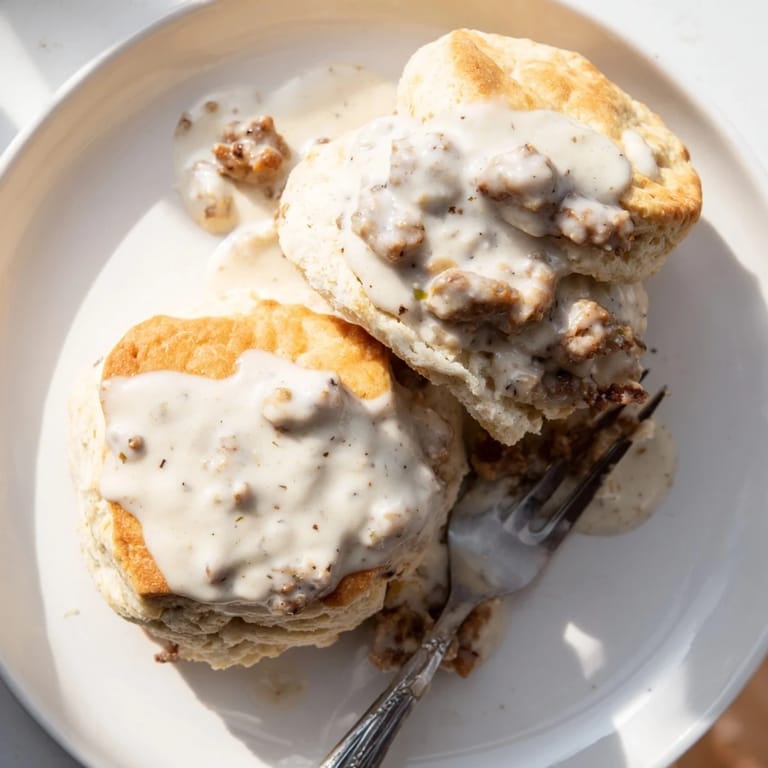 Buttery biscuits topped with rich, homemade country sausage gravy served warm alongside a cup of coffee.