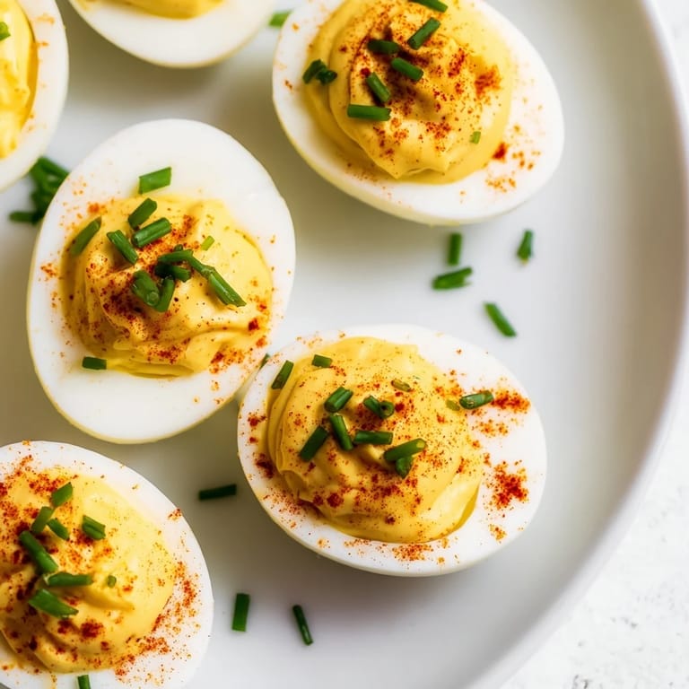 Halved deviled eggs with a tangy, mustard-spiked filling, perfect for party appetizers.