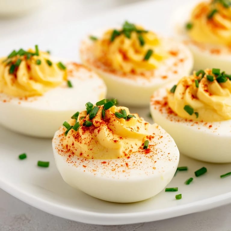 Freshly piped deviled eggs topped with smoked paprika for a classic American bite.