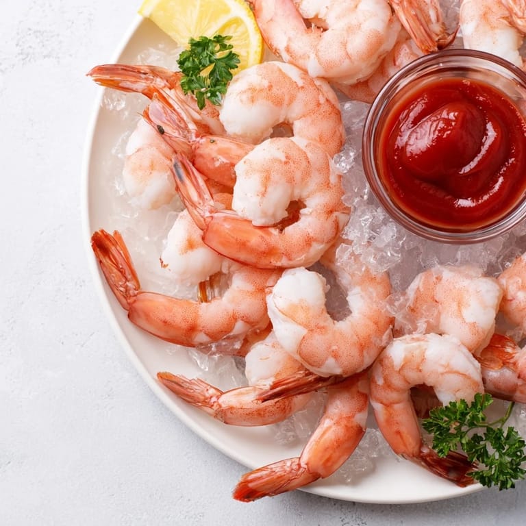 Classic homemade shrimp cocktail appetizer garnished with parsley and lemon wedges, perfect for a refreshing party platter.