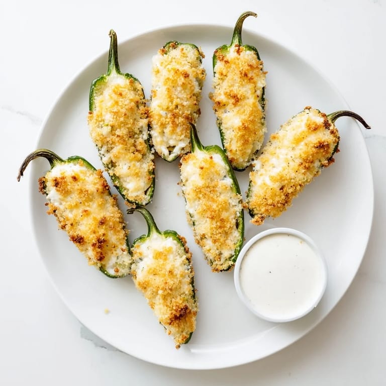 Four golden-brown Jalapeño Poppers on a platter with ranch dip, ready to serve.