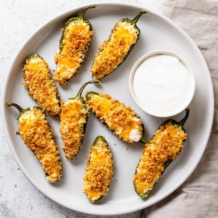 Crunchy, deep-fried Jalapeño Poppers stuffed with cheesy filling on a wooden serving board.