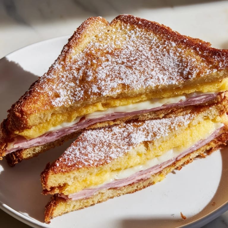 Freshly made Monte Cristo sandwich cut diagonally, revealing layers of ham and cheese on eggy bread.
