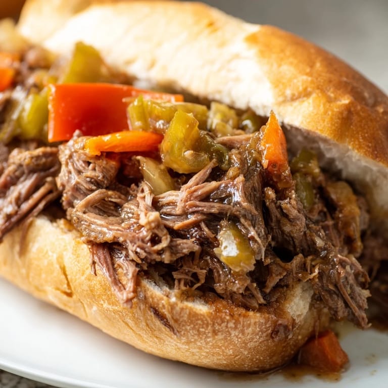 Classic Chicago-style Italian Beef Sandwich topped with vibrant giardiniera and extra jus on the side.