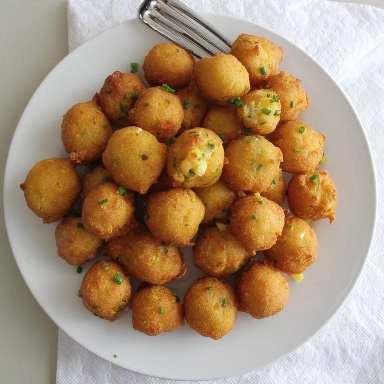 Warm Hushpuppies with a crisp exterior and fluffy interior, drizzled with honey butter and served on a checkered plate.