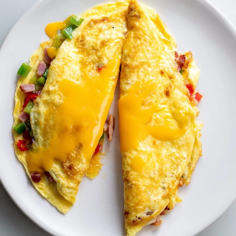 Denver Omelet with fluffy eggs, sautéed peppers, onions, and ham, topped with melted cheddar, served hot.