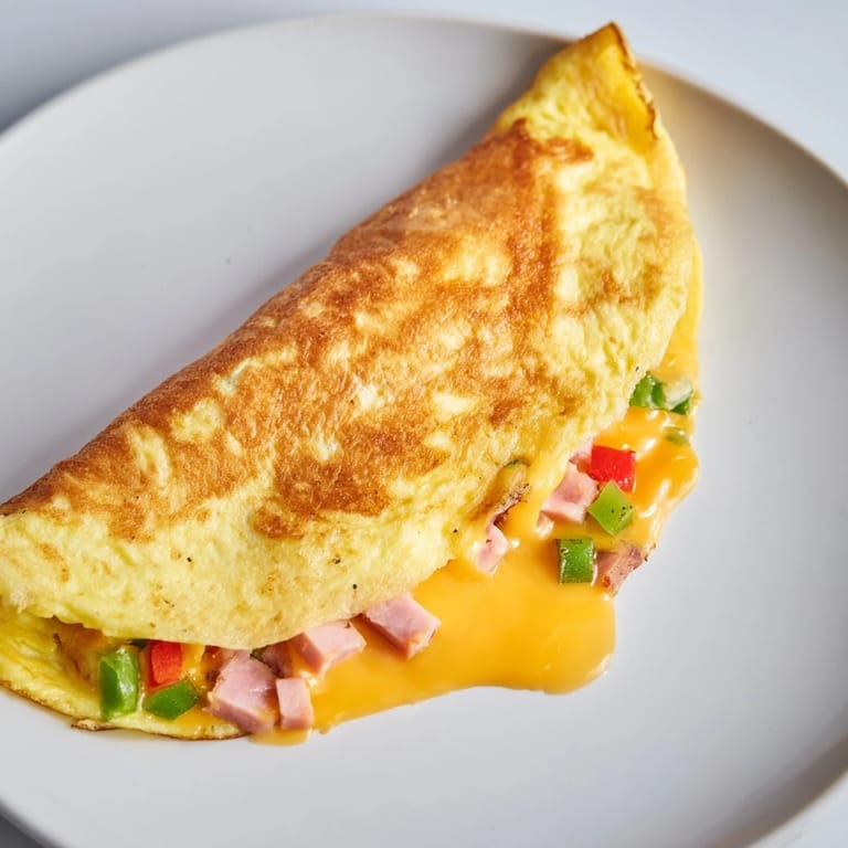A freshly cooked Denver Omelet with peppers, ham, and cheddar beside buttered toast on a wooden table.