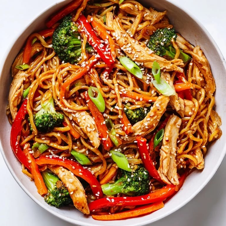 A close-up of Spicy Ramen Stir-Fry shows fresh green onions and sesame seeds topping the sizzling, sauce-coated noodle bowl.
