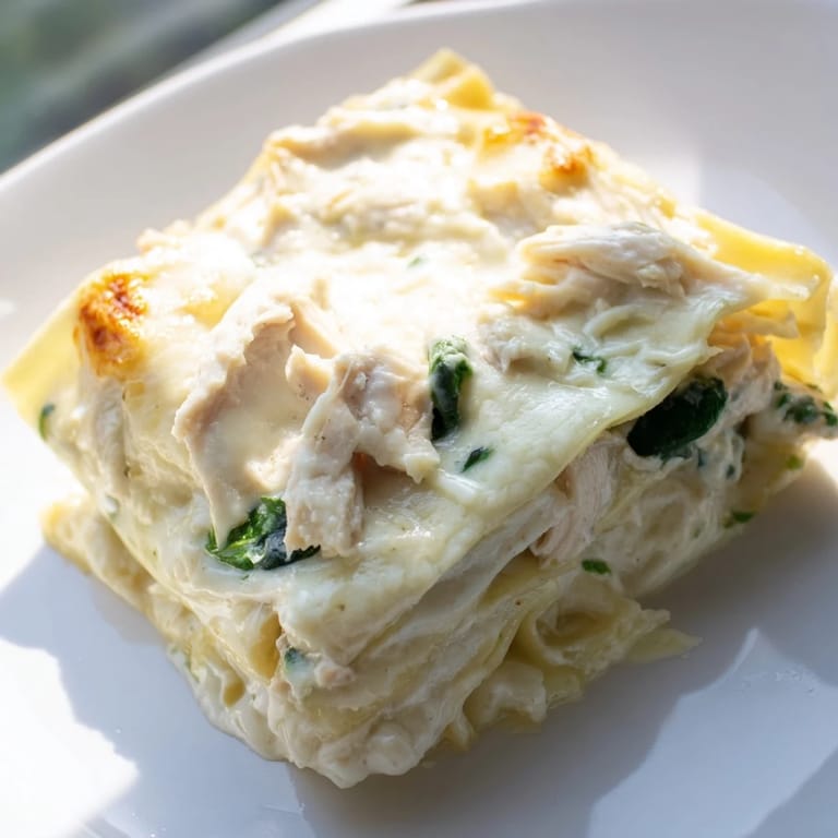 Perfectly cut Chicken Alfredo Lasagna served on a plate, ready for a comforting family dinner.