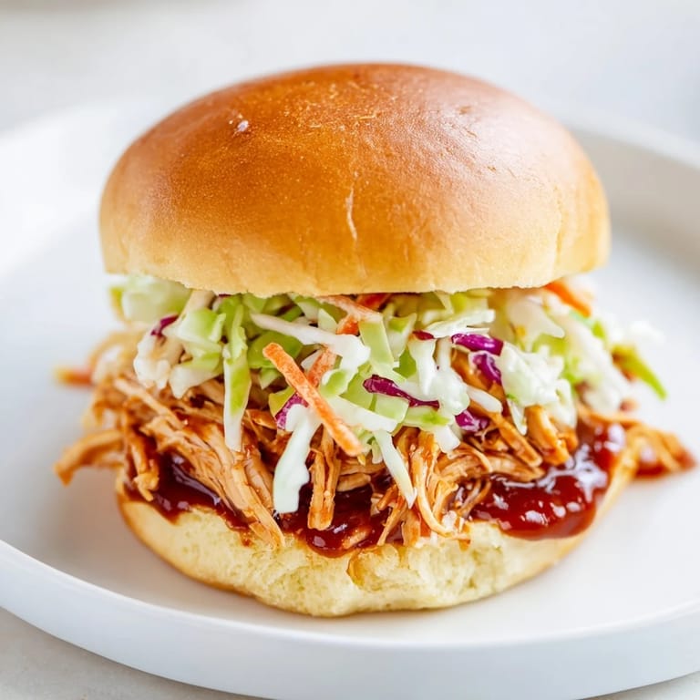 Freshly assembled BBQ chicken sliders featuring tender pulled meat and vibrant, tangy slaw.  