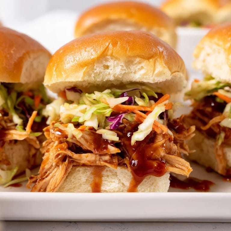 Homemade BBQ chicken sliders stacked with juicy pulled chicken and creamy slaw topping.