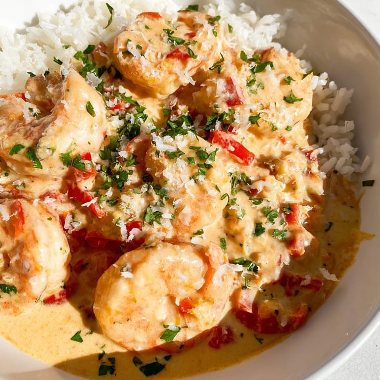 Spicy Cajun shrimp in a rich cream sauce, served over fragrant jasmine rice and ready to enjoy.