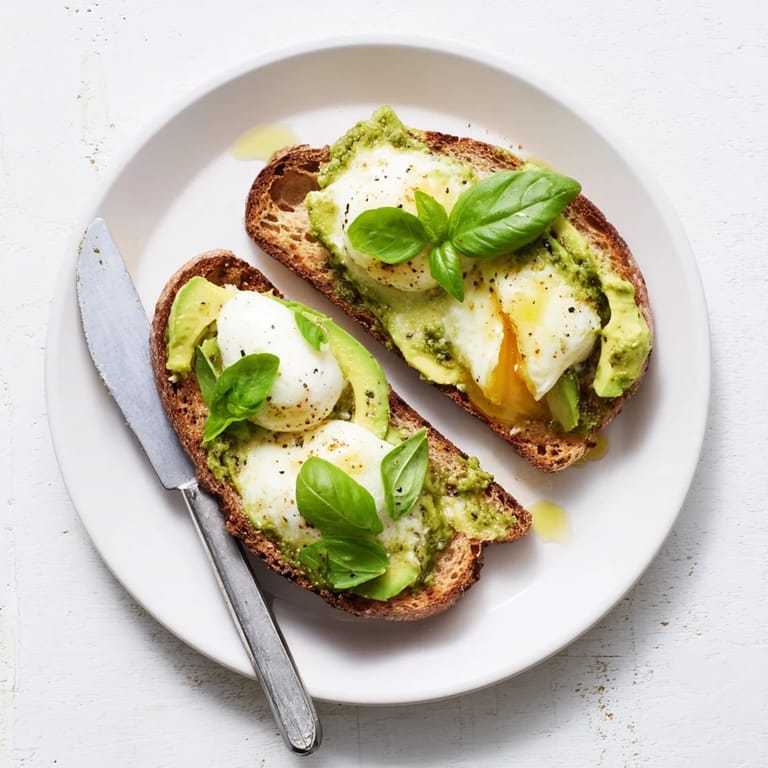 A vibrant open-faced Avocado Mozzarella Tartine with melted cheese and red pepper flakes for spice.