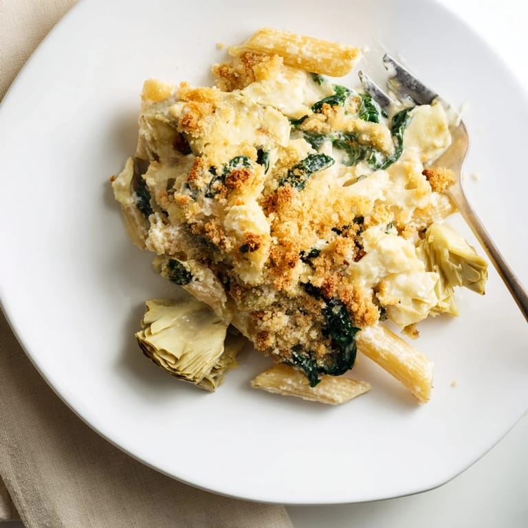 Fresh spinach and marinated artichoke hearts baked into a comforting Italian-American casserole with crispy breadcrumbs.  